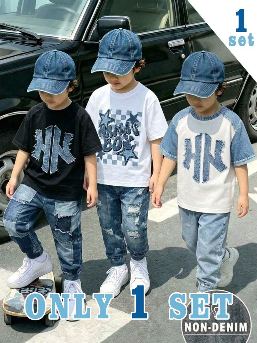 對比色幼兒休閒可愛時尚經典字母印花圓領短袖T恤與印花長褲套裝 白色深藍色,1套隨機 - 彩色 - 查看 1