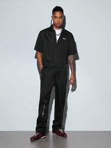 Modcrash Mens Colorblock Polo Shirt And Pants Set, Short Sleeve Half Zip Top With Long Zipper Pants For Spring Summer - Black - View 4
