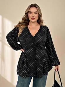 SHEIN CURVE+ 大尺碼圓點印花V領長袖襯衫 - 黑與白 - 查看 5