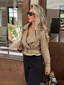 SHEIN Frenchy Women's Autumn Casual Double-Breasted Cropped Trench Coat Jacket - Khaki - View 6
