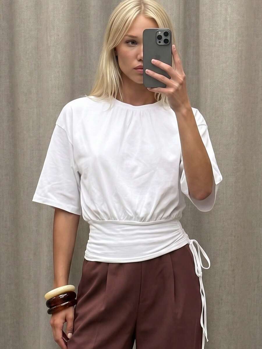 AiiRZ Cinch Waist Drawcord Ruched Crop T-Shirt Gathered Neckline Elbow Sleeve Casual Summer Top - White - View 1
