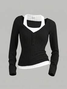 SHEIN Girlism 青少年女孩拼色 2-In-1 設計 T-shirt，修身版型，休閒風格，黑色層次長袖上衣，冬季，Y2K，街頭風 - 黑色 - 查看 6