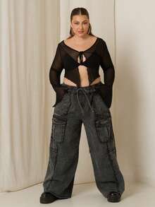 Lele Munniz Celana Jeans Kargo Kasual Wanita Ukuran Plus dengan Tali Serut dan Kantong di Pinggang, Warna Hitam, Cocok untuk Musim Gugur. - Hitam - View 1