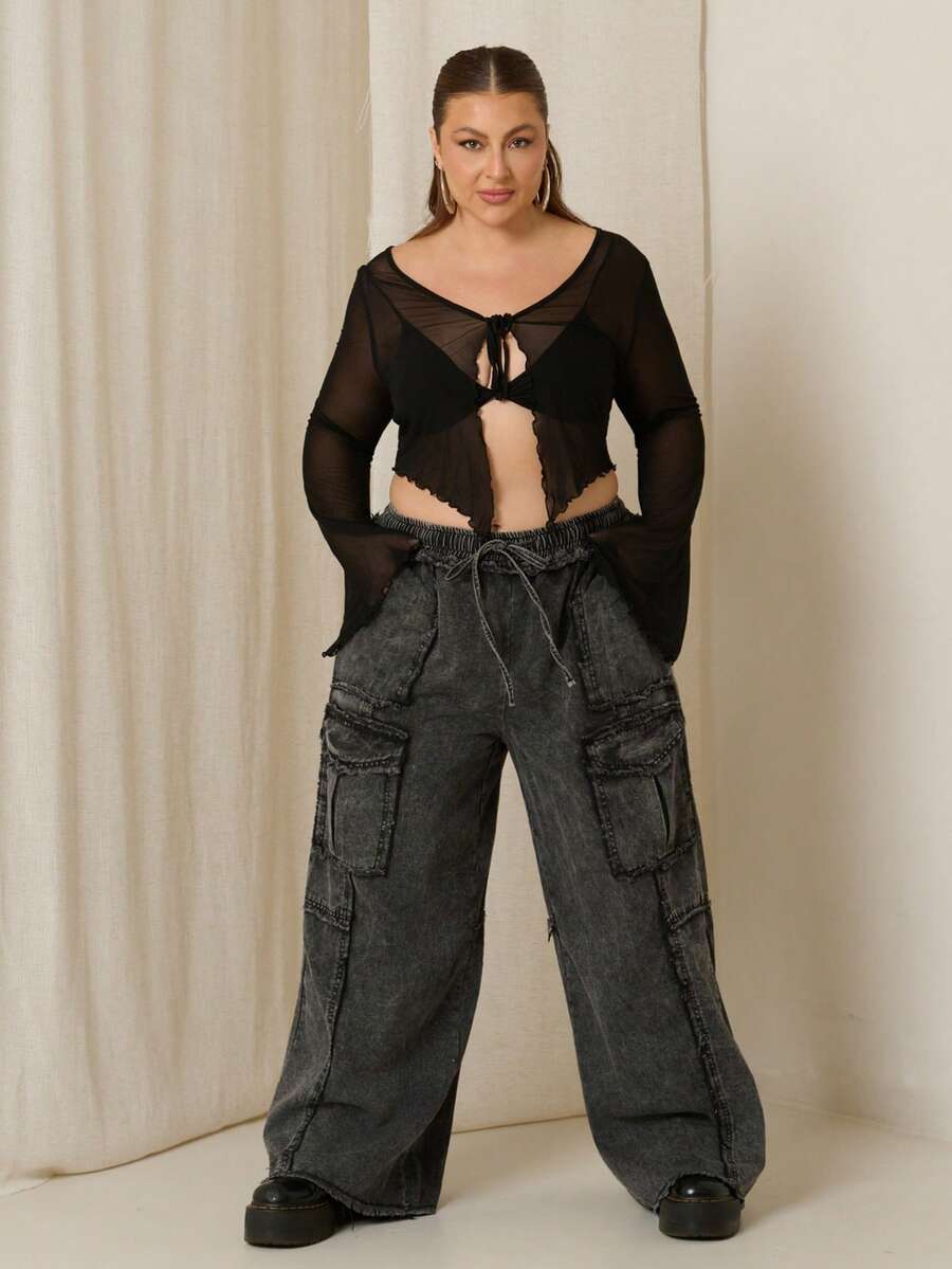Lele Munniz Celana Jeans Kargo Kasual Wanita Ukuran Plus dengan Tali Serut dan Kantong di Pinggang, Warna Hitam, Cocok untuk Musim Gugur. - Hitam - View 1