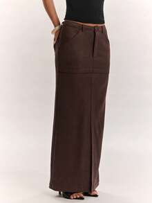SHEIN BAE Autumn/Winter Commute Suede Low Waist Extra Long Skirt - Brown - View 7