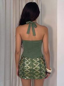Glamine 女款亮片掛脖繫帶洋裝，正式派對、婚禮活動、舞會禮服 - 綠色 - 查看 2