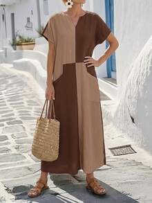 Faunlyn Women's Vacation Casual Tropical Minimalist Colorblock Patchwork Dress Shades Of Brown Summer Picnic - Brown - View 7