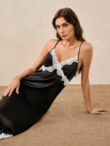 Hourtrue Vestido de satén con encaje de color contrastante, elegante y romántico para mujer de estilo francés maduro - Negro - Ver 9