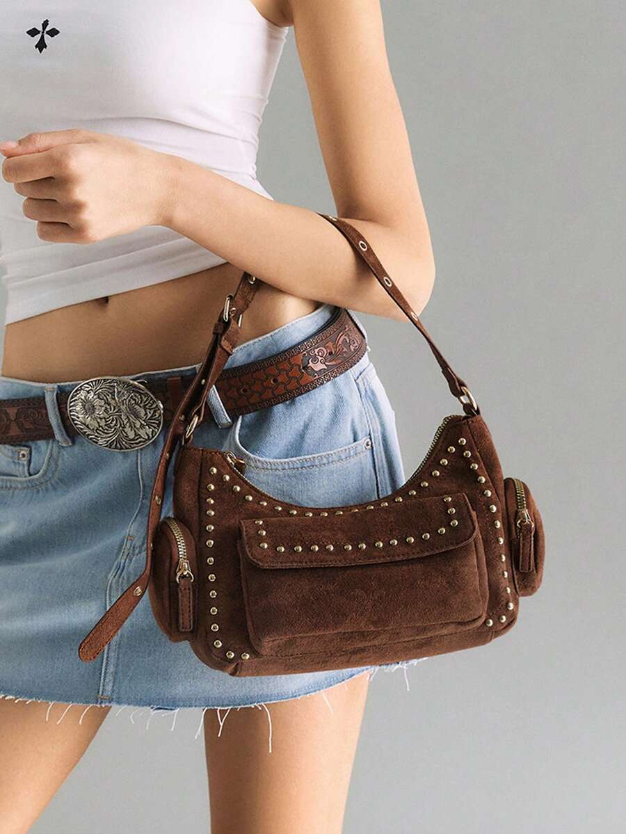 Viva Strut 女款時尚街頭個性甜酷辣妹風 Y2K 復古鉚釘麂皮單肩包,適合日常購物通勤上學約會 - 深咖色 - 查看 1