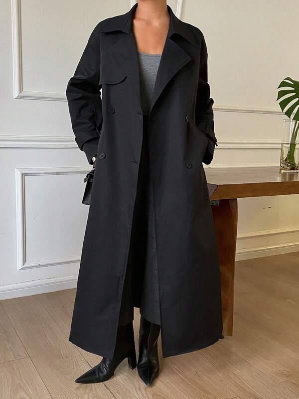 DAZY Solid Color Loose Lapel Belted Long Coat Elegant Street Vacation Spring Autumn Winter Women's Trench Coat