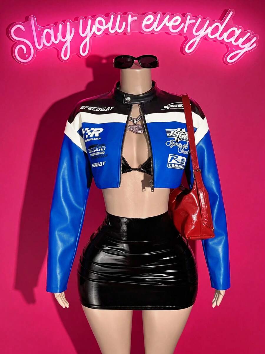 Slaydiva Women Y2K Racing Crop Jacket, Color Block Letter Print Faux Leather Motorcycle Short Outerwear, Holiday Costume Coat For Halloween, Music Festival
