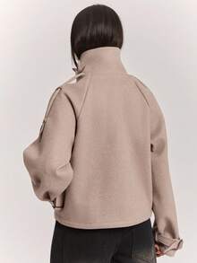 SHEIN BAE Wool Blend Stand Collar Double Breasted Short Long Sleeve Jacket Coat Office Everyday Going Out Grey Autumn Winter French Elegant Casual - Light Grey - View 2