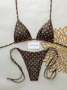 Elavelle New Arrival Spring/Summer Merlot Colorful Polka Dot Halter Neck Triangle Cup Bikini Set, Sexy Two Pieces Swimwear With Side Tie - Multicolor - View 1