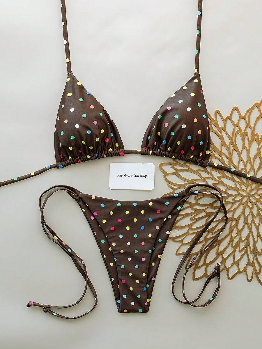 Elavelle New Arrival Spring/Summer Merlot Colorful Polka Dot Halter Neck Triangle Cup Bikini Set, Sexy Two Pieces Swimwear With Side Tie - Multicolor - View 1
