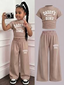  2pcs/Set Gray Knit Outfit, Ruched High Neck Fitted Top Paired With Wide Leg Pants, . - Multicolor - View 1