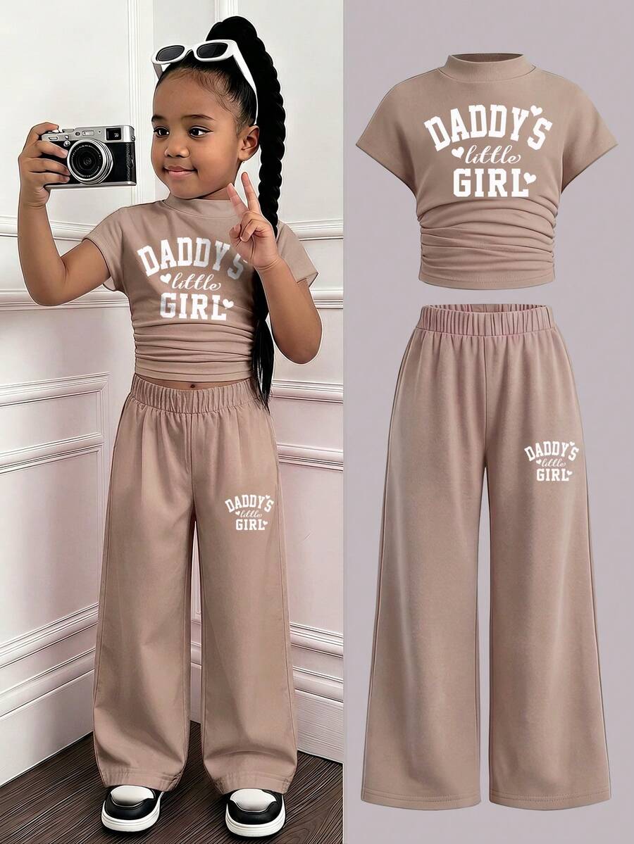 2pcs/Set Gray Knit Outfit, Ruched High Neck Fitted Top Paired With Wide Leg Pants, . - Multicolor - View 1