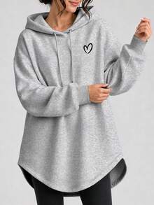 EMERY ROSE Women's Casual Heart Print Arched Hem Drawstring Sweatshirt, Autumn - Grey - View 3