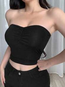 DAZY Top bandeau plisado con acolchado incorporado, para hacer ejercicio - Negro - Ver 6