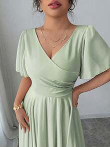 Elenzga Plus Size Women's V-Neck A-Line Chiffon Dress With Ruffle Sleeves, Simple Elegant And Romantic - Green - View 4