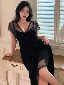 DAZY Women's Lace Patchwork Sheer Cami Nightdress Summer Pajama - Black - View 3