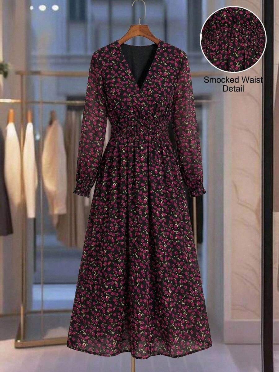 Comfylo Plus Size Women's V-Neck Floral Print Casual Party Dress Fall - Multicolor - View 1