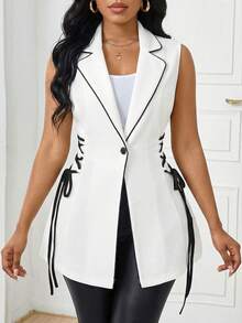 SHEIN Lady بليزر مقاس كبير برباط سحب وأزرار وياقة متباينة اللون، أبيض، صيفي، كاجوال أنيق، مناسب للمكتب والحفلات الرسمية - أبيض وأسود - مشاهدة 4