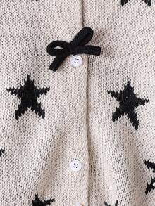 Suéter de punto con manga larga y lazo hecho a mano con patrón de estrellas para niñas - Caqui - Ver 6