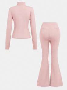 SHEIN Girlism Teen Girls 2pcs Set Zipper Solid Color Long Sleeve Top And Long Pants,Casual Sports Fashion Suit - Dusty Pink - View 2