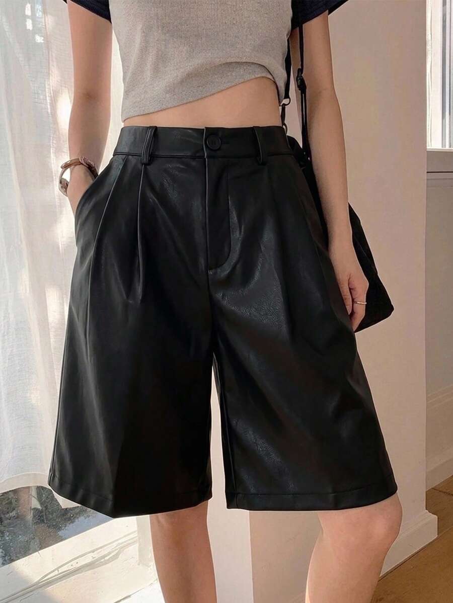 DAZY Fashionable Versatile Solid Color Wide Leg Mid-Length Pants - Black - View 1