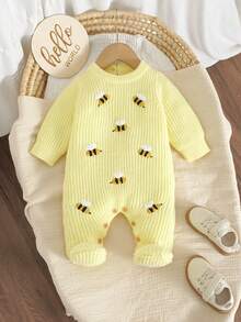 SHEIN Baby Girls' & Boys' Bee Embroidered Knit Romper, Soft Ribbed , Long Sleeve Cozy One-Piece For Newborns & Infants, Soft Comfortable - Yellow - View 7
