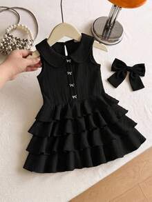 Genkimix Kids Young Girls Black Textured Fabric Dress With Collar Design, Multi-Layer Ruffle Hem, Bow And Button Detail - Black - View 8
