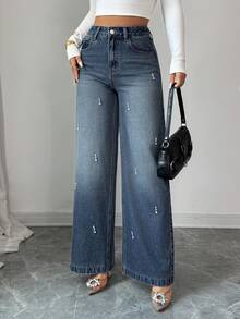 DAZY Women's High Waist Wide Leg Washed Rhinestone Thermal Lined Denim Jeans Casual Style Winter Fall - Dark Wash - View 14