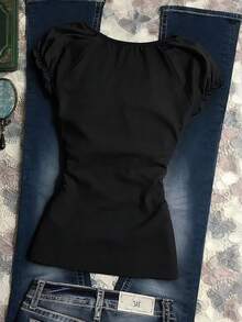 SHEIN Franclia 女士春夏新款白色刺绣修身休闲通勤度假短袖T恤 - 黑色 - 查看 2