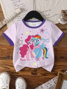 My Little Pony X SHEIN 少女字母卡通印花休閒日常短袖T恤 - 白色 - 查看 1
