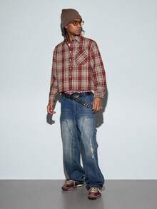 Modcrash Men's Single-Button Casual/Commuting Checkered Short-Sleeved Shirt - Red - View 8