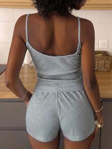 Livesso 女款蝴蝶結裝飾細肩帶上衣與短褲休閒居家服套裝 - 灰色 - 查看 2
