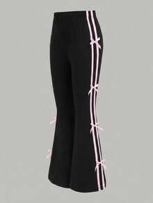 SHEIN Girlism 兒童青少年女孩春季黑色蝴蝶結裝飾條紋貼布喇叭褲，返校季 - 黑色 - 查看 4