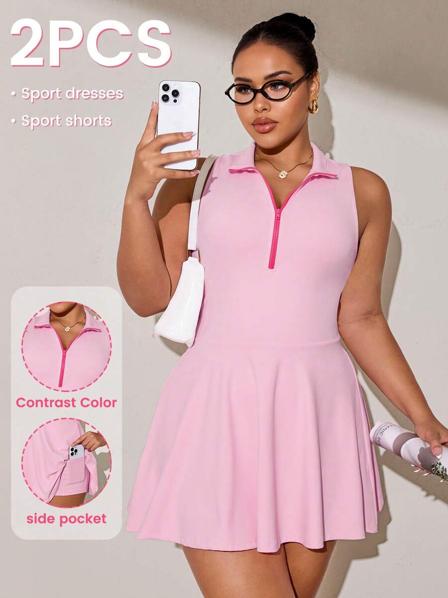 SHEIN Rhythm Era Plus Size Women's Colorblock Casual Daily Wear Sports Dress And Shorts Set - Multicolor - View 1