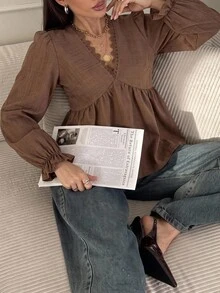 Serisse Women's Solid Color Contrast Lace V-Neck Long Sleeve Casual French Elegant Shirt Teachers' Day Office Brunch Coffee Brown Autumn - Brown - View 12
