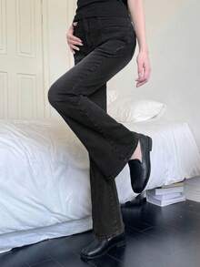 DAZY Teen Girl Solid Color Slant Pocket Fitted Flare Leg Jeans - Black - View 3