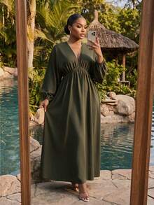 SHEIN Lady CURVE Plus Size Minimalist Versatile Pleated Long Sleeve Dress For Daily Wear - Army Green - View 5