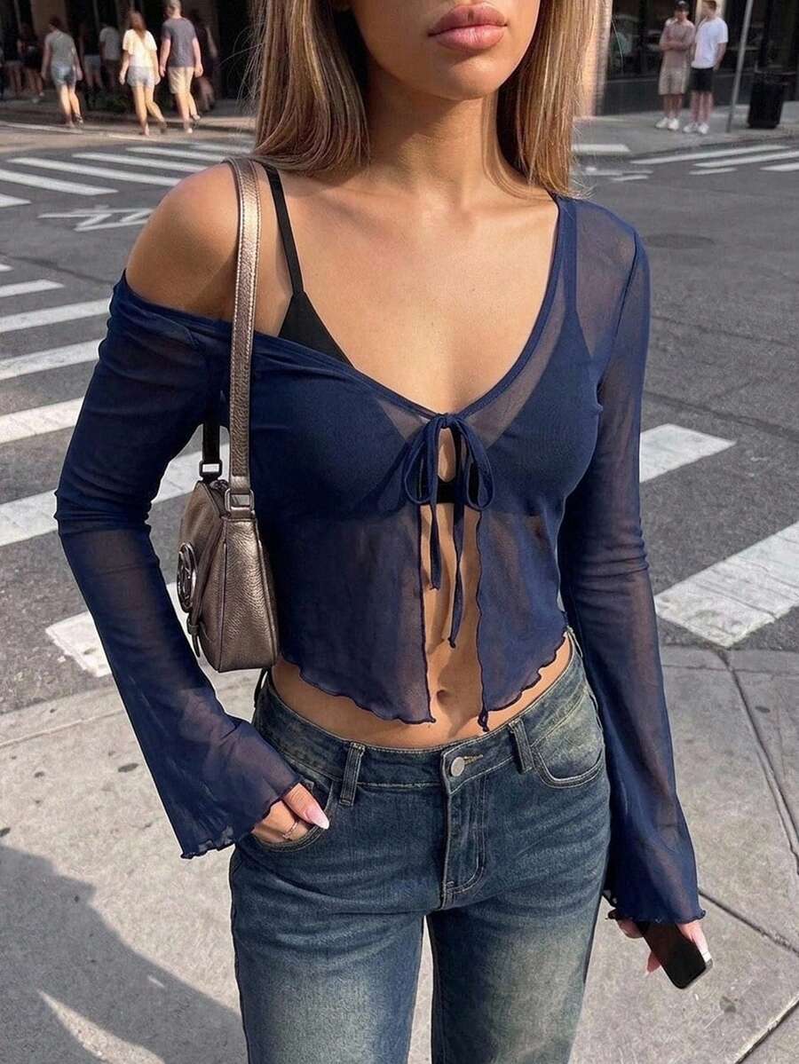 SHEIN ICON 純色綁帶休閒網眼女裝上衣,帶波浪袖 - 藏蓝色 - 查看 1