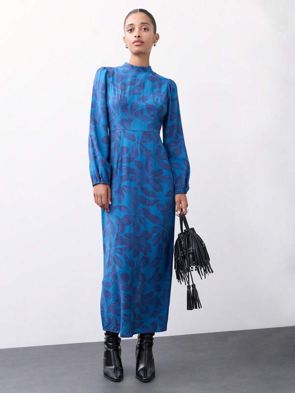 Nöista Floral Long Dress In Blue Tones, Collar Band, Long Sleeves, Fitted Waist. Wedding Guest, Special Occasion. Fall, Autumn, Winter. Elegant Long Dresses