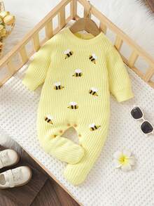 SHEIN Baby Girls' & Boys' Bee Embroidered Knit Romper, Soft Ribbed , Long Sleeve Cozy One-Piece For Newborns & Infants, Soft Comfortable - Yellow - View 5