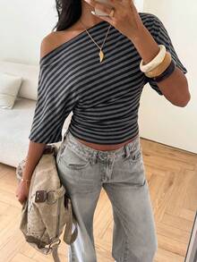 Aloruh Asymmetrical Shoulder Loose Top With Ruched Waist, Minimalist Basic T-Shirt - Black - View 7