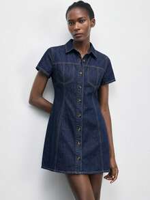 Maija Women's Summer Casual Retro Vintage 70S 70S Retro Front Button Denim Dress Everyday Party Navy Blue Autumn Outfit For Women - Dark Wash - View 6
