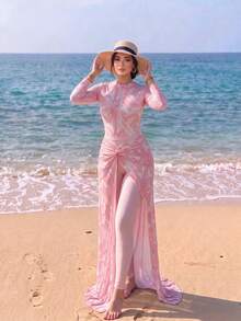 Swim Shayni 印花布料優雅保守度假女款泳衣套裝 - 粉色 - 查看 8