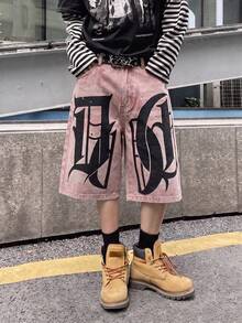 Manfinity Roghcode 男士休閒日常牛仔短褲，附口袋、鈕扣與字母圖案 - 粉色 - 查看 4