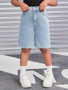 SHEIN Tween Girl Retro Washed Loose Fit Baggy Bermuda Denim Shorts With Slanted Pockets, Fall Streetwear - Light Wash - View 3