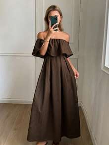 Livesso Women's Vintage Brown Solid Color Ruffle Ruffle Waist-Cinched Full Skirt Denim Dress - Brown - View 3